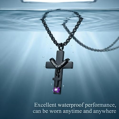 YOUFENG Birthstones Urn Necklaces for Ashes Cross Cremation Pendant Urns for Human Ashes Memorial Keepsake Locket Jewelry - style: February-birthstones