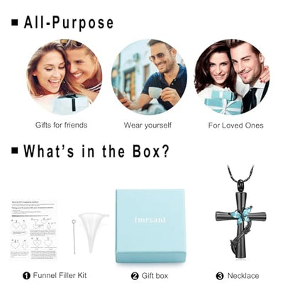 Imrsanl Cross with Butterfly Urn Necklaces for Ashes for Women - color: Black Light Blue