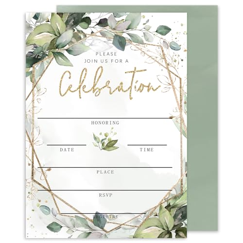 Whaline 25 Sets Greenery Invitations with Envelopes Stickers Watercolor Eucalyptus Leaves Invitation Cards Green Leaves Fill in Blank Invites for Wedding Bridal Baby Shower Birthday, 5 x 7 Inch - style: Greenery