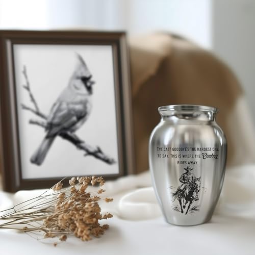 Cowboy Mini Keepsake Urn, Stainless Steel Small Memorial Urn for Human Ashes, Decorative Funeral Urn with Engraved Western Cowboy Boots and Hat with Cross, 2.56" Small Remembrance Vessel