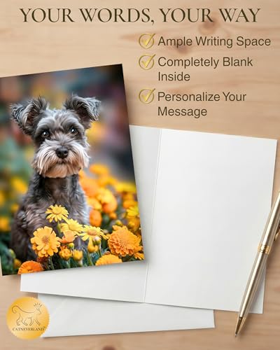 Schnauzer with Yellow Flowers All Occasions Greeting Card from Unique Dogs Party Delights Collection Large 5x7 Inch Blank Inside with Envelope | 5x7 Inch Card, Blank Inside, Premium Silk Cardstock, Made in USA by USA-Based Pet Friendly Small Business, by