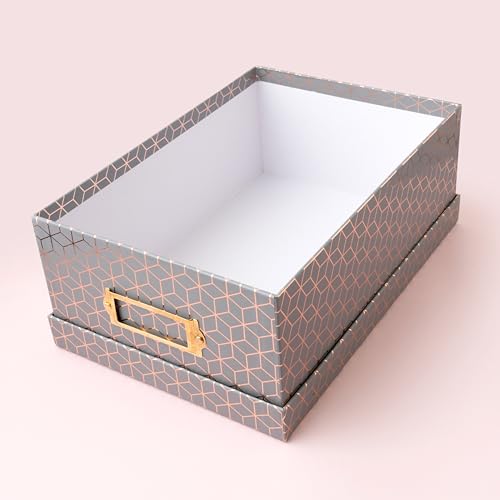 American Crafts Photo Keepsake Box with Lid, Gray Geo with Rose Gold Foil, 11x7.4x4.3, Decorative Photo Storage & Memory Box