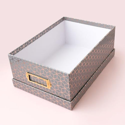 American Crafts Photo Keepsake Box with Lid, Gray Geo with Rose Gold Foil, 11x7.4x4.3, Decorative Photo Storage & Memory Box