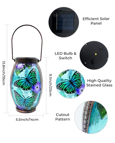 Hanging Solar Lantern Waterproof Garden Light Butterfly | Glass & Metal, Tabletop Light with Hollowed-Out Design for Garden Patio Table Decor, Gifts for Friends and Family - style: Butterfly-Glass