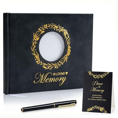 ArtSocket Funeral Guest Book for Memorial Black Leather with Gold Foil | for Funerals Elegant Celebration of Life and Loving Memorial Complete with Pen and Table Sign