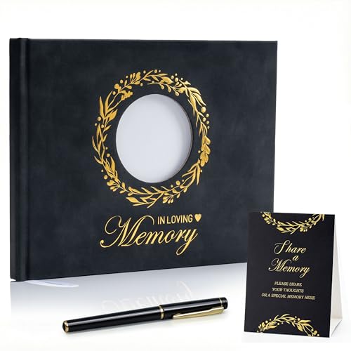 ArtSocket Funeral Guest Book for Memorial Black Leather with Gold Foil | for Funerals Elegant Celebration of Life and Loving Memorial Complete with Pen and Table Sign