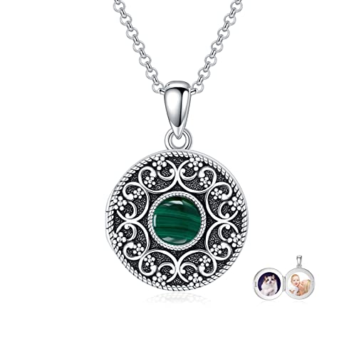 Round Locket Necklace 925 Sterling Silver Filigree/Flower Locket Necklace That Holds Pictures Birthday Christmas Jewelry Gifts for Women - color: 02-Malachite Locket