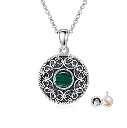 Round Locket Necklace 925 Sterling Silver Filigree/Flower Locket Necklace That Holds Pictures Birthday Christmas Jewelry Gifts for Women - color: 02-Malachite Locket