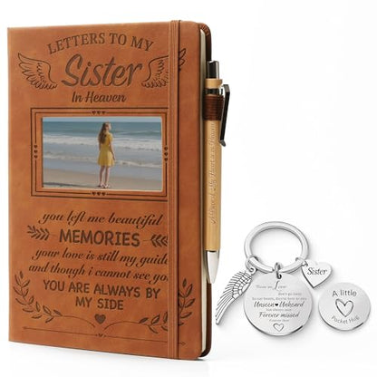 Letters To My Sister In Heaven Sympathy Gifts for The Loss Of Sister, Sympathy Memorial Gifts-Leather Journal A5 Notebook and Angel Keychain, Travel Photo Journal With Pocket Hug Keychain - color: Sister