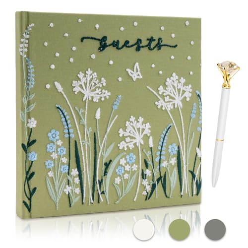 Embroidered Wedding Guest Book—The Perfect Polaroid Guest Book for Wedding Receptions, Birthdays, Baby Showers, and Special Events with 3 Photo Corner Stickers+ 3 DIY pens+1 Diamond Pen - color: Sage Green