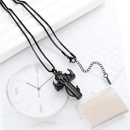 XSMZB Cross Cremation Jewelry Urn Necklace for Human Ashes Fish Hook Memorial Urn Pendant Deer Antler Cross Ashes Holder Keepsake Jewelry - color: Black