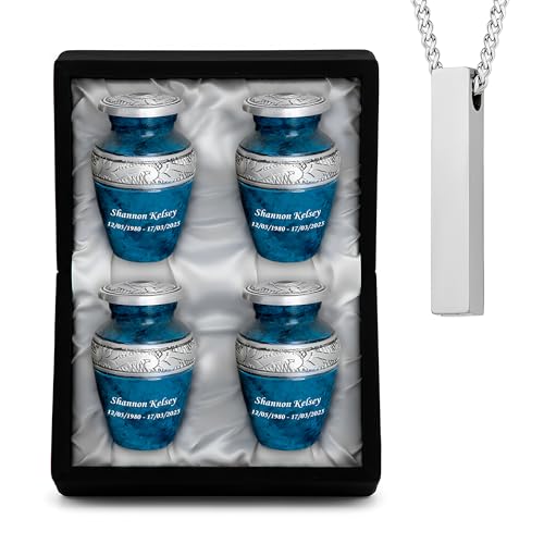 Marble Blue Cremation Urns for Human Ashes – Adult Male and Female Memorial Set of 5 with 4 Keepsake & 1 NecklaceUrn - color: Marble Blue Custom Mini Urn Set