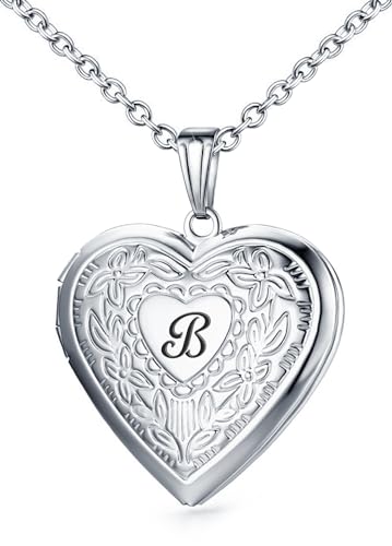 Locket Necklace Holds Pictures Alphabet Initial Letter Love Heart Lockets Photo Memory Locket Necklaces Birthday Gifts - color: Silver, style: B