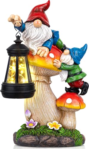 C&Y&G&X Solar Garden Gnome Statue with Lantern, Waterproof Mushroom Garden Decor, Resin Gnome Yard Art with Solar LED Lights for Outdoor Lawn Patio Porch, Gifts for Mom Grandma Garden Lovers - color: Gnome - Mushroom