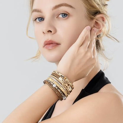 Tree of Life Inspirational Leather Wrap Bracelets Boho Western Cowgirl Cuff - color: Beige Cheetah