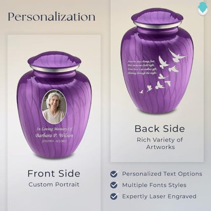 Embrace Adult Personalized Doves Cremation Urns for Human Ashes I Large Picture Pearl Purple Funeral Urn for Adult Men and Women with Double Side Engraving I 200 lbs - color: _Pearl Purple (Double Sided)