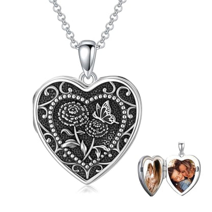 PELOVNY Birth Flower Locket Necklace for Women 925 Sterling Silver Flower Butterfly Heart Photo Locket Pendant Birthday Christmas Jewelry Gifts for Mom Daughter Wife Sister - color: 10-Marigold