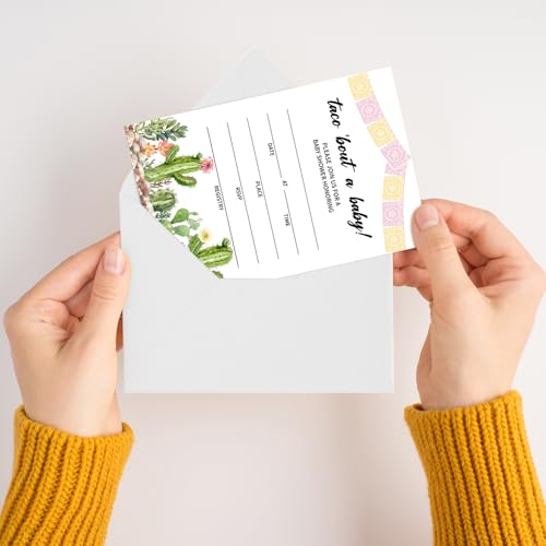 Taco Bout A Baby Baby Shower Invitations for Boys Girls, Cactus Baby Announcement Invite Cards, 25 Set of Fill-in Baby Shower Invites with Envelopes, Gender Reveal Party Supplies -B09 - color: Taco