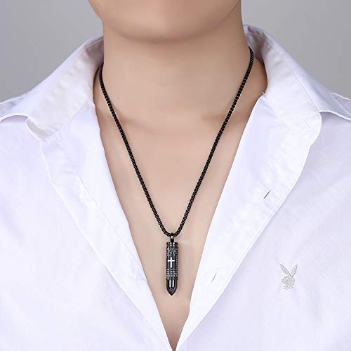 Mens Urn Necklace For Ashes Bullet Shape Cross Cremation Urn Jewelry - color: Black Chain