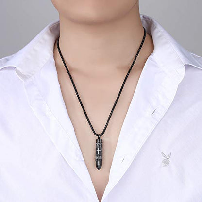 Mens Urn Necklace For Ashes Bullet Shape Cross Cremation Urn Jewelry - color: Black Chain