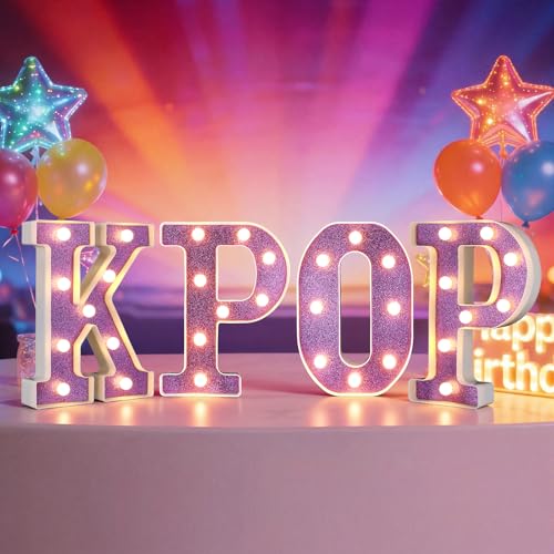 4 Pcs Kpop Birthday Decorations Purple 8.6 Inch Kpop LED Letter Lights Pop Prom Party Supplies Music Theme Anniversary for Character Fans Super Singer Birthday Decorations for Wall Shelf Table - style: Kpop