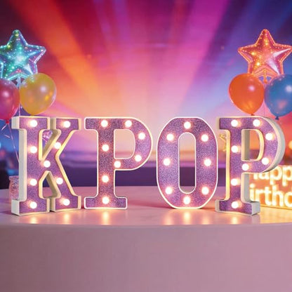 4 Pcs Kpop Birthday Decorations Purple 8.6 Inch Kpop LED Letter Lights Pop Prom Party Supplies Music Theme Anniversary for Character Fans Super Singer Birthday Decorations for Wall Shelf Table - style: Kpop