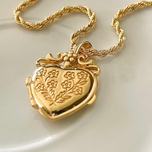Gold Locket Necklace for Women Vintage, Heart Star Moon Butterfly Angel Holds Picture Photo Oval Locket Pendant Memorial Necklace Personalized Celestial Jewelry Birthday Gifts - style: Flower Heart
