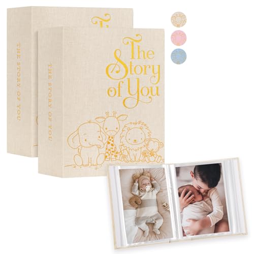 Ywlake Baby Photo Album 4x6 100 Pockets 2 Packs, Animal Mini Linen Photo Book Newborn Bebe Album Memory Book Sets, Holds 100 Top Loader Vertical Pictures Gift for Boy Girl Baby Shower (Beige) - color: Beige, size: 100 Pockets