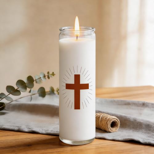 White Prayer Candles, Devotional Prayer Candle in Glass Jars, Long‑Burning Smokeless Cross Catholic Candles for Church, Altar Vigil & Memorials - size: 1