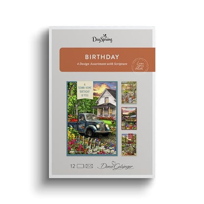 DaySpring - Dona Gelsinger - Down Home Birthday - 4 Design Assortment with Scripture - 12 Birthday Boxed Cards & Envelopes (U1610)