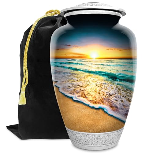 Waves on The Beach Urn for Adult Human Ashes | Large Handcrafted Funeral Memorial | Sun Beach Funeral Decorative Cremation Urn for Women and Men - color: Waves, size: Large