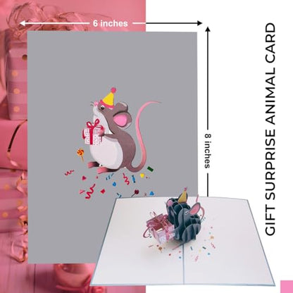 Gifts And Cards Happy Mouse Birthday Party Hat Gift 3D Pop-Up Card 6"x8" | Best Wishes, Congratulations, Cheerful Animal Lovers Presents, Feliz Cumpleaños, Friend, Daughter, Son, Festive Keepsake - color: Mouse Birthday