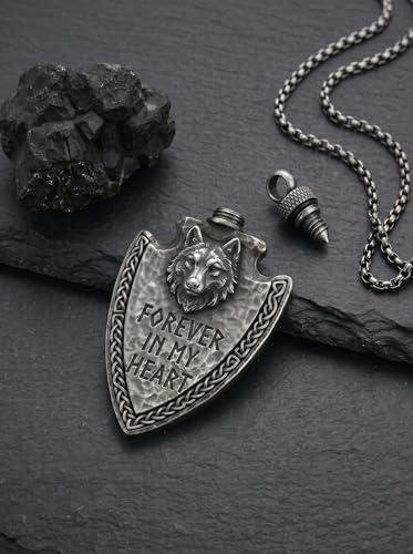 925 Sterling Silver Urn Necklace for Men, Wolf/Dragon/Wolf/Celtic Cross Arrowhead Ashes Pendant Necklace Cremation Jewelry Keepsake Gift Memorial - style: Wolf