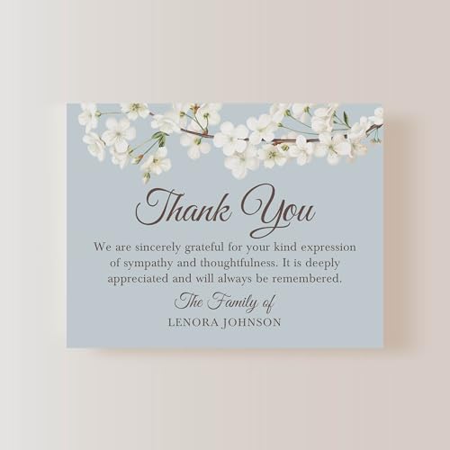 White Floral Cherry Blossom Sympathy Thank You Cards, Blue-Gray & White