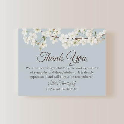 White Floral Cherry Blossom Sympathy Thank You Cards, Blue-Gray & White