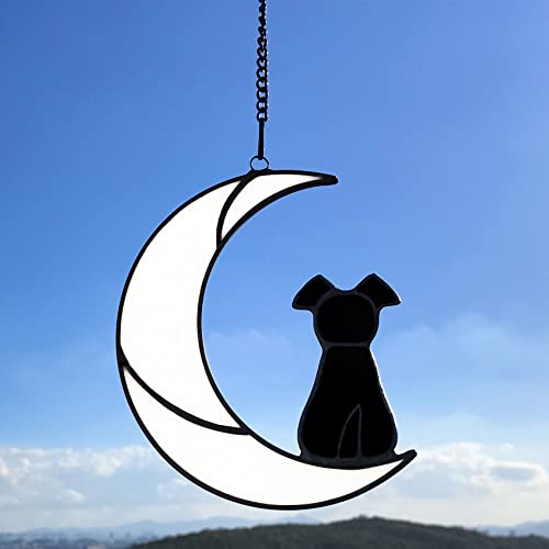 Stained Glass Rainbow Bridge Black Dog Memorial Gifts for Loss of Dog Sympathy Remembrance Suncatcher, Angel Wings Pet Loss Bereavement Gifts in Memory of Pet Passing Away Window Hanging. - color: Black