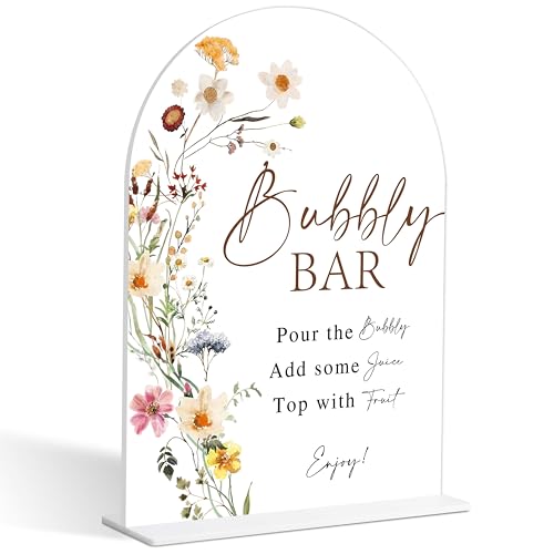 Bubbly Bar Sign, Flower Style Bubbly Bridal Shower Sign for Wedding, Engagement, Bridal Shower and Reception, Bridal Shower Decorations, Wedding Shower Favors, 6X8 Inch Acrylic Arch Sign with Stand,4 - color: Bubbly Bar,4