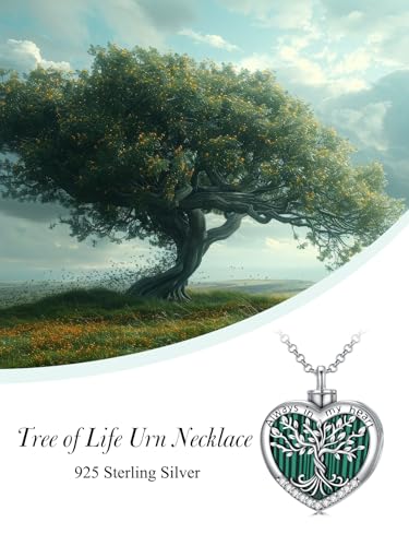 TOUPOP Tree of Life Urn Necklaces for Ashes 925 Sterling Silver Heart Cremation Jewelry Memorial Keepsake Jewelry with Funnel Filler for Women Men - color: A-Heart Tree of Life-Malachite