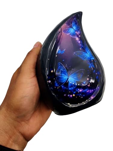 Teardrop Cremation Urn for Human Ashes, Hand Painted Blue Butterfly Galaxy Design, 6 Inch, with Velvet Bag