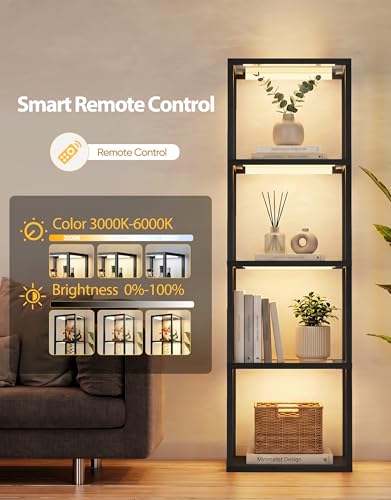 PARTPHONER Large Glass Display Shelf with Remote Control, Dimmable LED Floor Lamp with Shelves, Open Display Cabinet, 3 Color Temperature Control, Black