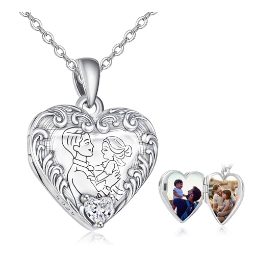 TANGPOET Heart Locket Necklace for Women 925 Sterling Silver Photo Locket Holds Two Pictures Inside Memorial Keepsake Jewelry Gifts for Mothers Day Birthday Christmas - style: E02-Dad Daughter