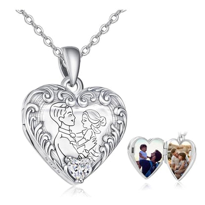 TANGPOET Heart Locket Necklace for Women 925 Sterling Silver Photo Locket Holds Two Pictures Inside Memorial Keepsake Jewelry Gifts for Mothers Day Birthday Christmas - style: E02-Dad Daughter
