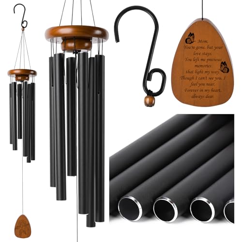 32 Inch Memorial Wind Chime (Gift Box Pack) - Elegant Black Metal Tubes with Engraved Wooden Plaque, Soothing Sound for Indoor & Outdoor Use, Perfect Sympathy Gift
