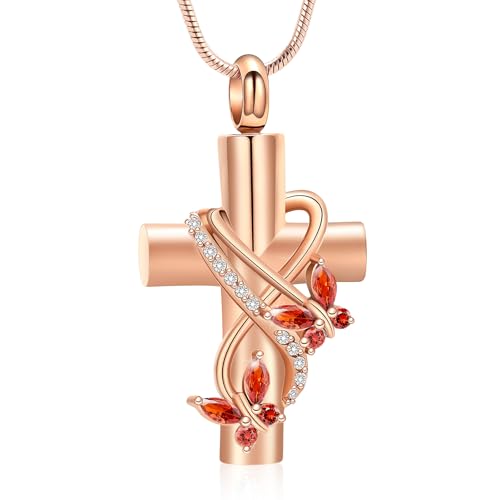 Cross Cremation Jewelry Butterfly Urn Necklace for Human Ashes for Women Men Memorial Ashes Keepsake Birthstone Pendant - color: Rose Gold-Red