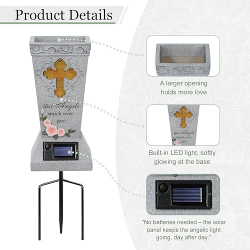2 Pack Solar Cemetery Grave Vase with Spike, 14.3"x4.3" Angel & LED Cross | Removable Ground Stake for Headstone Flower Holder, Cemetery Decorations for Grave - size: 2 Pack
