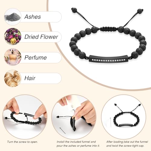 Oinsi Lava Rock Bracelet With Tube Memorial Urn Jewelry For Ashes Of Loved Ones Keepsake Cremation Bracelet Women Men Adjustable Length - color: Black (Crystal Cube)