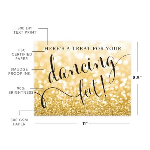 Andaz Press Wedding Party Signs, Glitzy Gold Glitter, 8.5x11-inch, Here's a Treat for Your Dancing Feet! Flip Flop Sandals High Heels Shoes Dance Floor Reception Sign, 1-Pack - color: Activities Dance Sandals