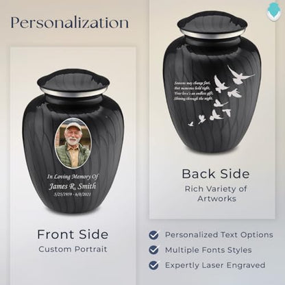 Geturns Embrace Adult Personalized Doves Cremation Urns for Human Ashes I Large Picture Pearl Black Funeral Urn for Adult Men and Women with Double Side Engraving I 200 lbs - color: _Pearl Black (Double Sided)