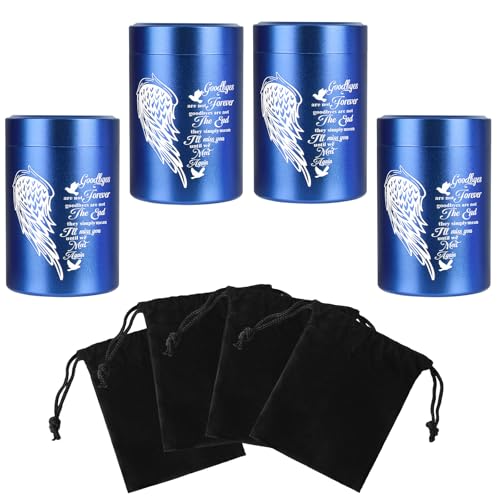 Mini Urns for Human Ashes Set of 4, Small Blue Angel Wings Keepsake Urns for Ashes 4 Pack (2.7 x 1.6 Inch, Aluminum)
