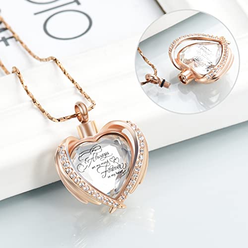 Imrsanl Cremation Jewelry for Ashes Pendant - Crystal Heart Urn Necklace with Mini Keepsake Urn Memorial Ash Jewelry - color: Rose Gold-White